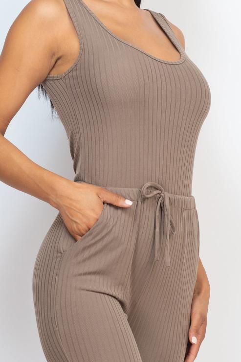 Ribbed sleeveless drawstring jumpsuit