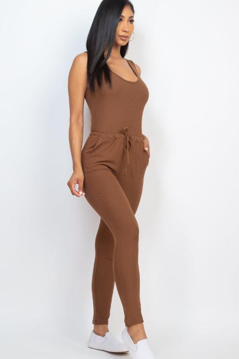 Ribbed sleeveless drawstring jumpsuit