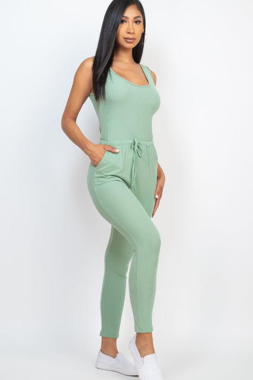 Ribbed sleeveless drawstring jumpsuit