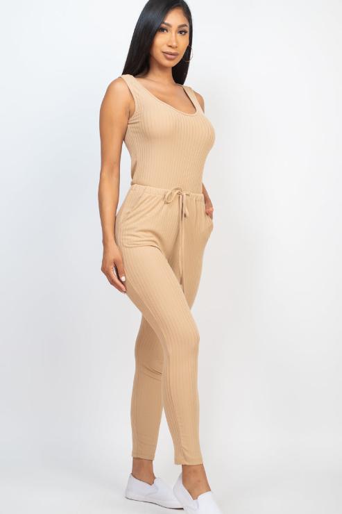 Ribbed sleeveless drawstring jumpsuit