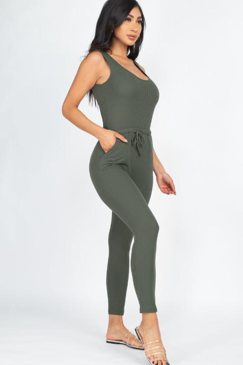 Ribbed sleeveless drawstring jumpsuit